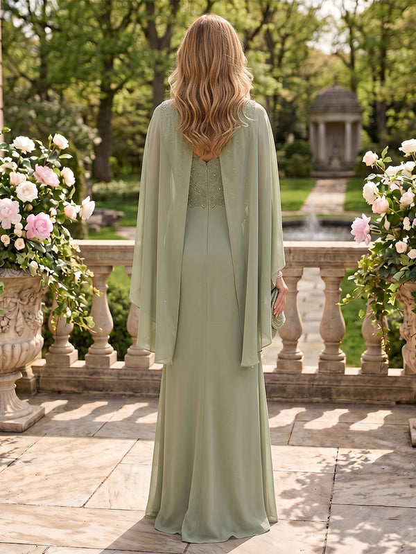 Jewel Mermaid Floor Length Long Sleeves Appliques Mother of the Bride/Groom Dresses