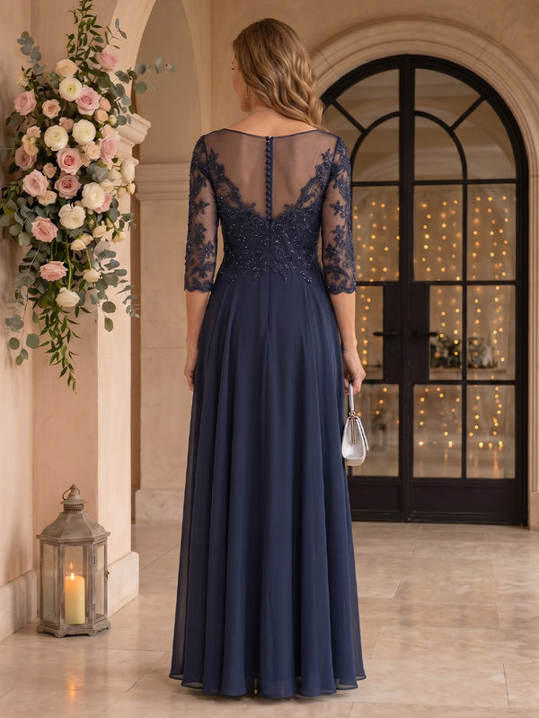 Jewel 3/4 Sleeves Chiffon A Line Floor Length Mother of the Bride/Groom Dresses