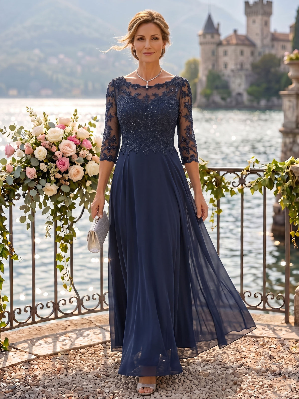 Jewel 3/4 Sleeves Chiffon A Line Floor Length Mother of the Bride/Groom Dresses