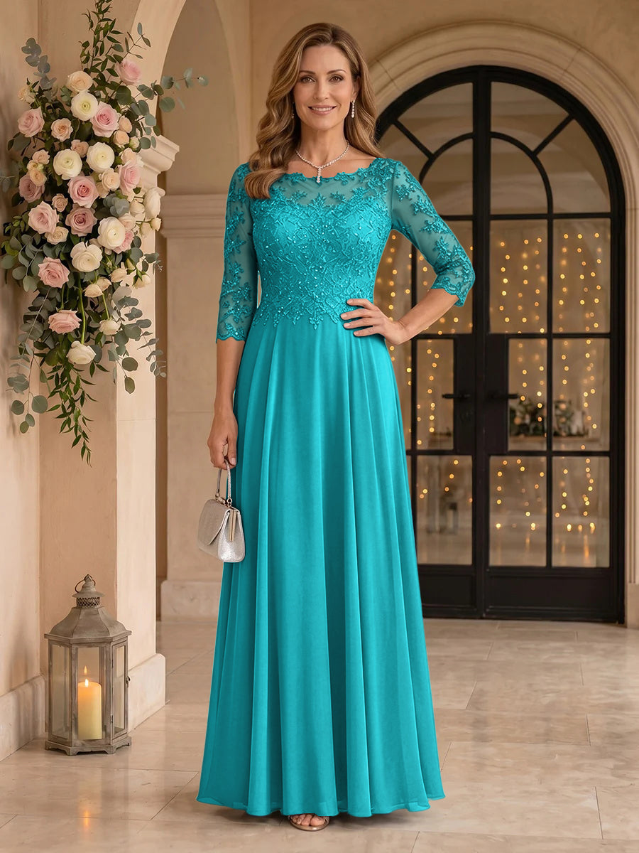 Jewel 3/4 Sleeves Chiffon A Line Floor Length Mother of the Bride/Groom Dresses