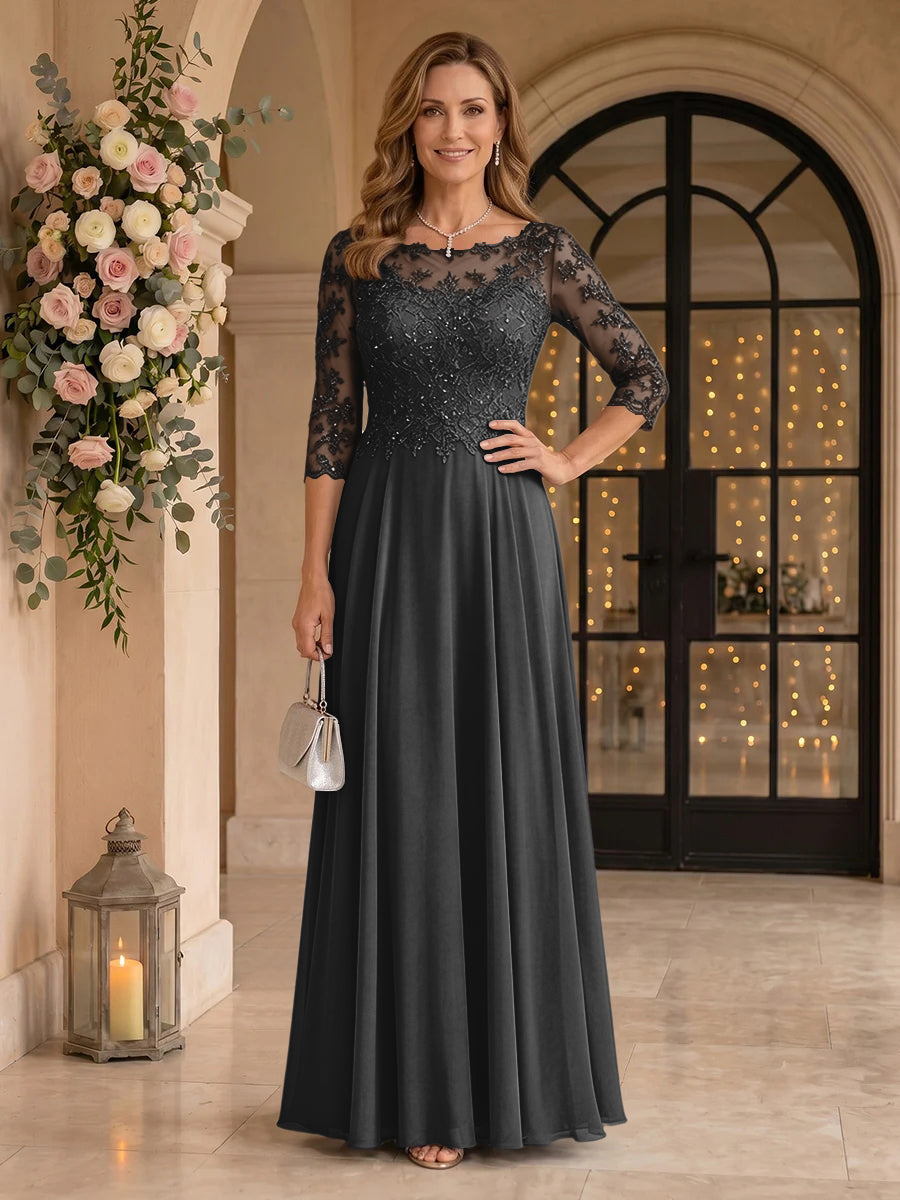 Jewel 3/4 Sleeves Chiffon A Line Floor Length Mother of the Bride/Groom Dresses