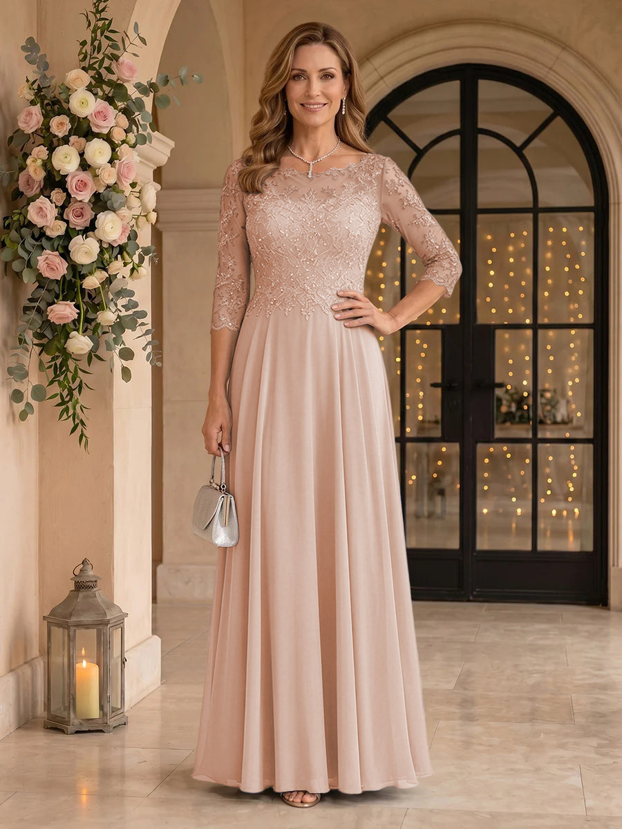 Jewel 3/4 Sleeves Chiffon A Line Floor Length Mother of the Bride/Groom Dresses
