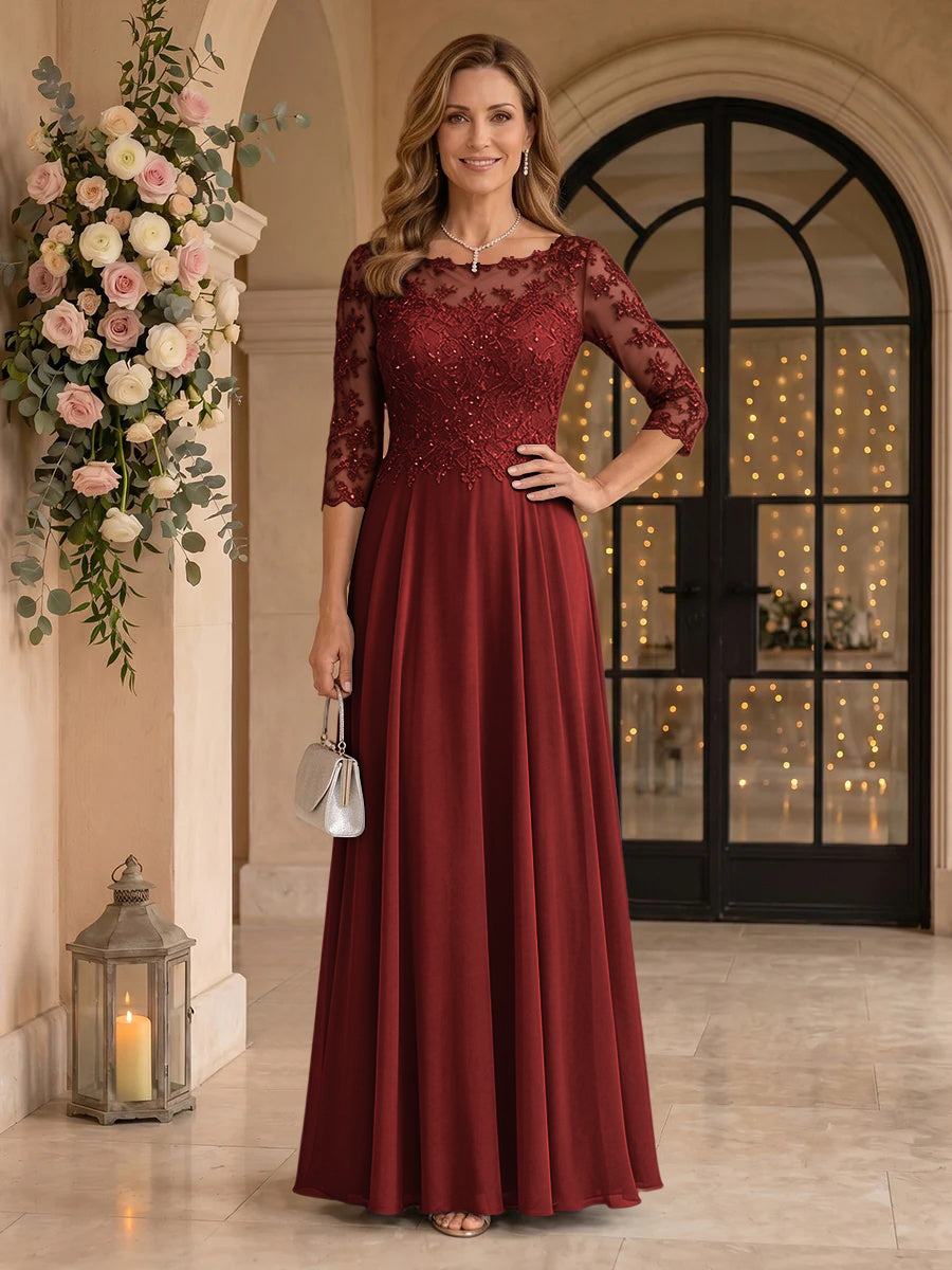Jewel 3/4 Sleeves Chiffon A Line Floor Length Mother of the Bride/Groom Dresses