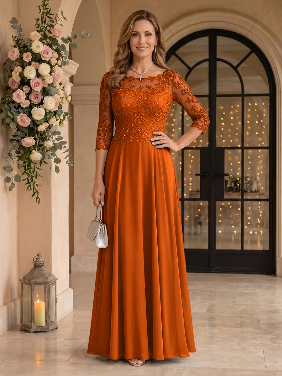 Jewel 3/4 Sleeves Chiffon A Line Floor Length Mother of the Bride/Groom Dresses