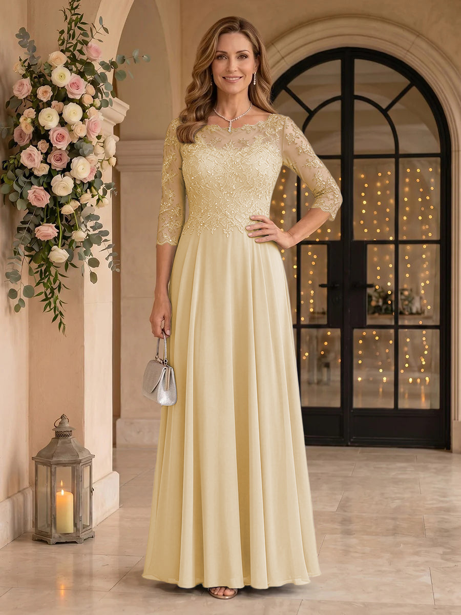 Jewel 3/4 Sleeves Chiffon A Line Floor Length Mother of the Bride/Groom Dresses