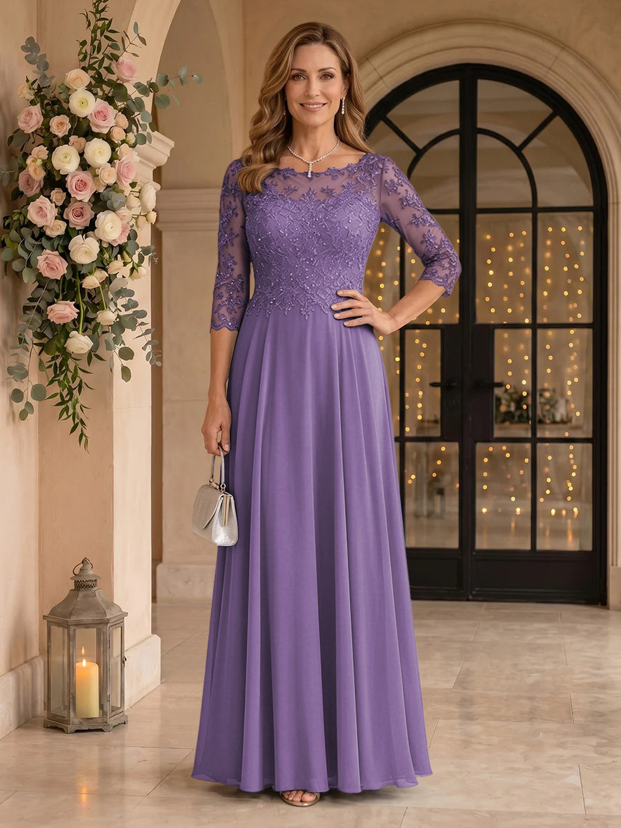 Jewel 3/4 Sleeves Chiffon A Line Floor Length Mother of the Bride/Groom Dresses