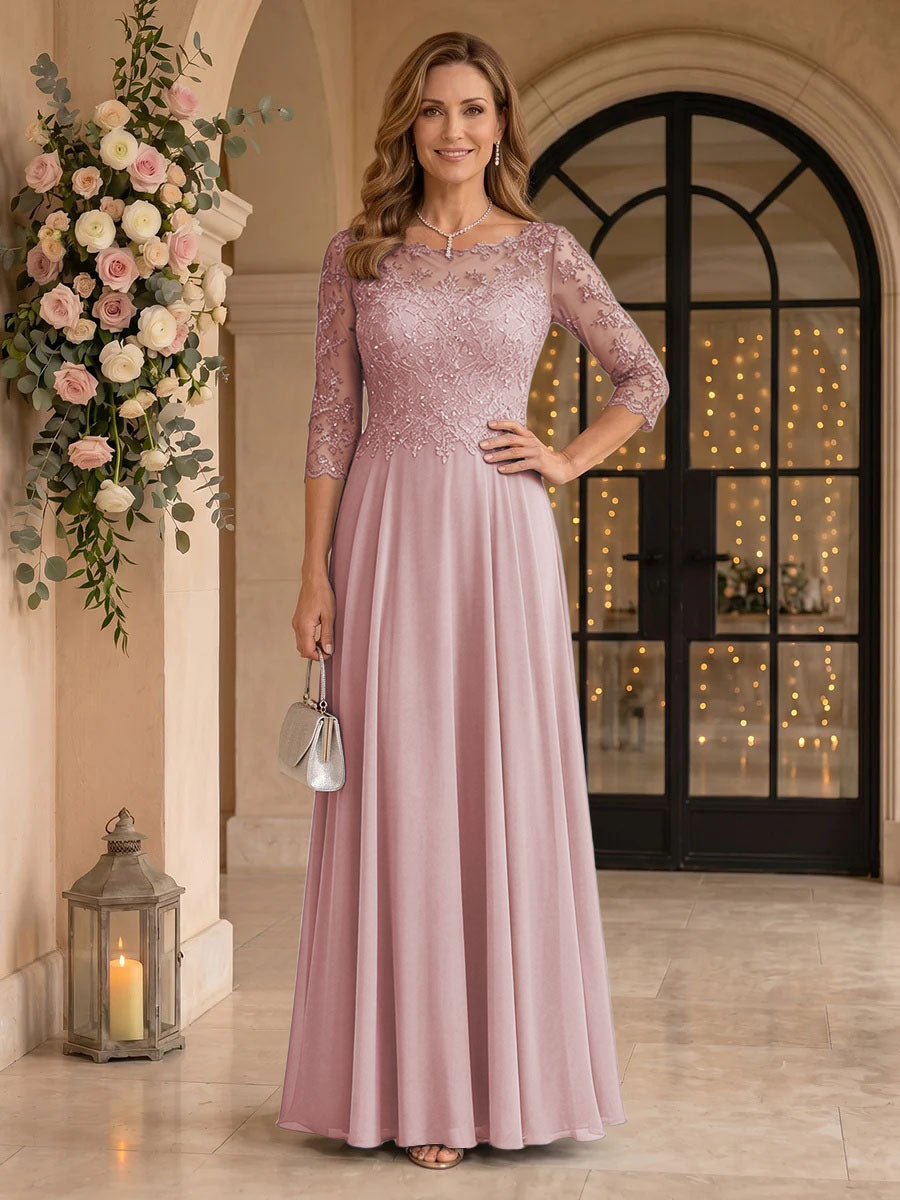 Jewel 3/4 Sleeves Chiffon A Line Floor Length Mother of the Bride/Groom Dresses