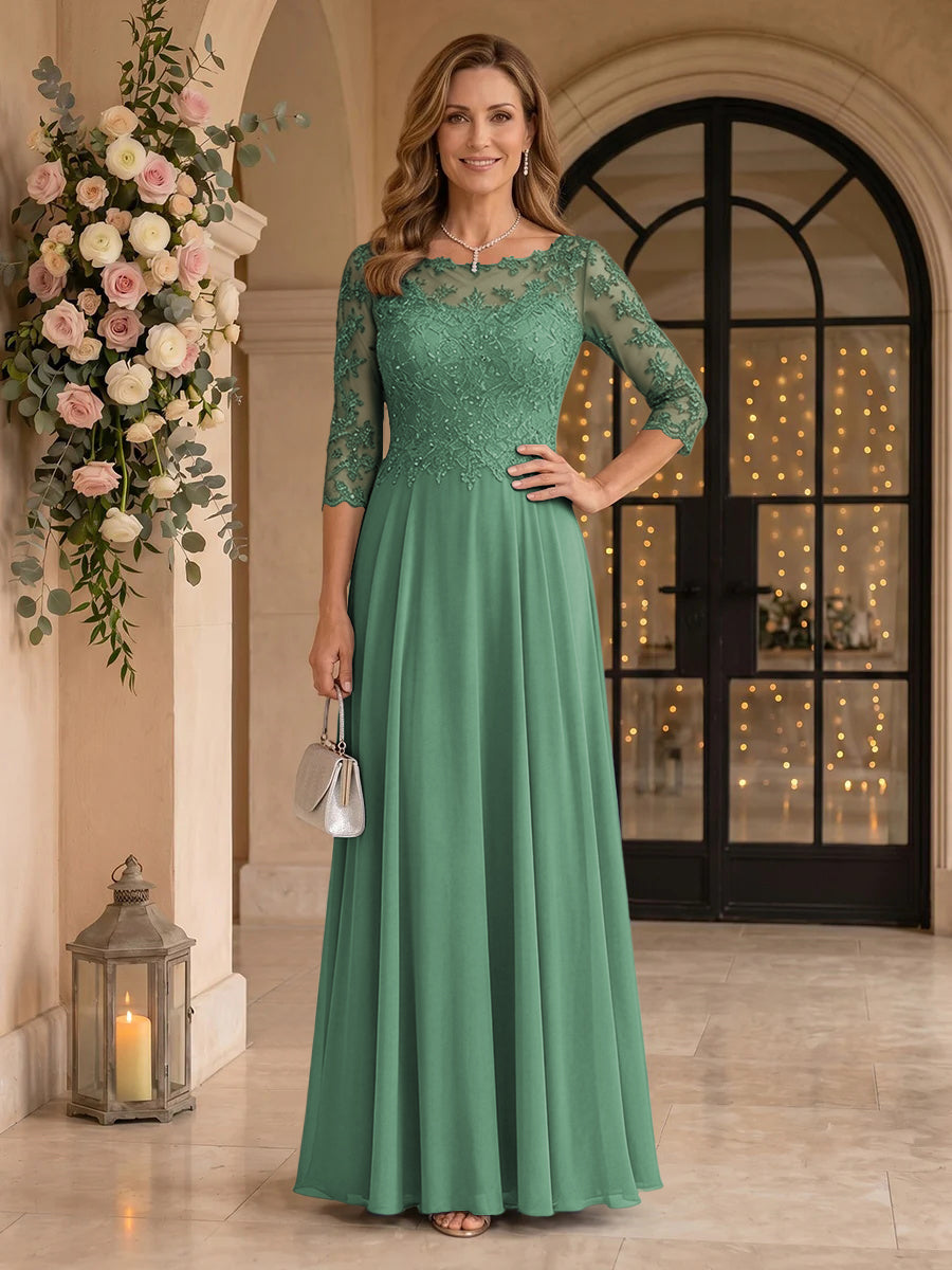 Jewel 3/4 Sleeves Chiffon A Line Floor Length Mother of the Bride/Groom Dresses
