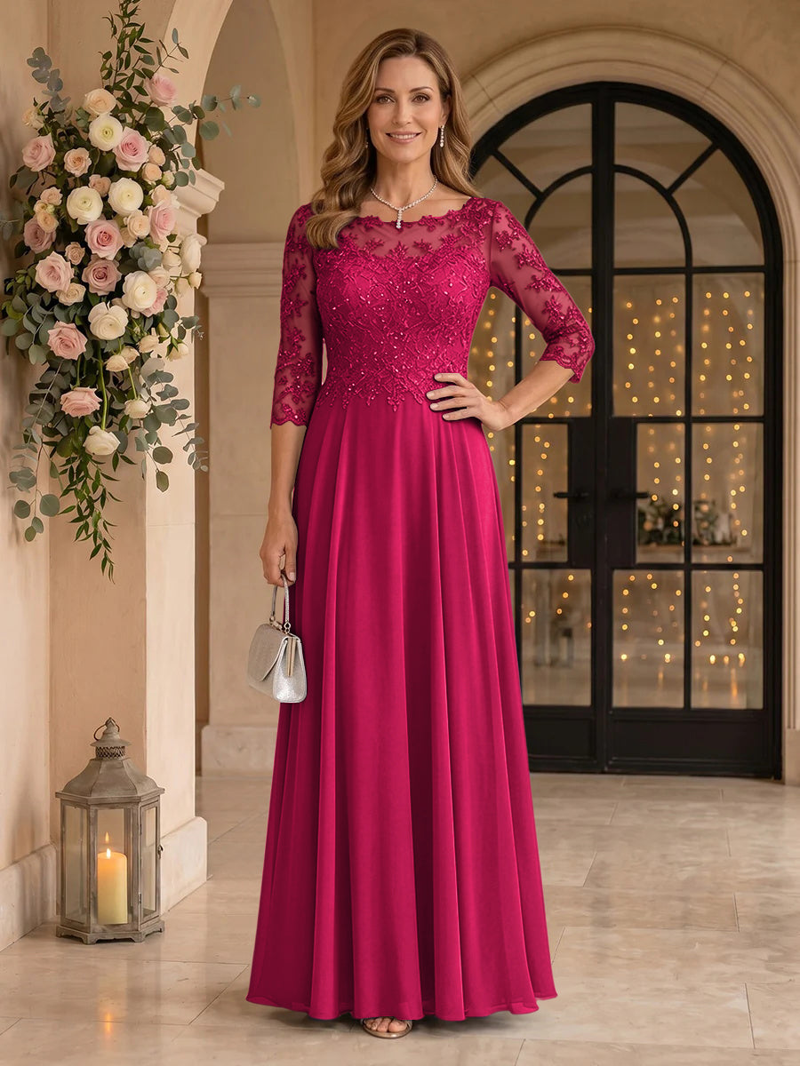 Jewel 3/4 Sleeves Chiffon A Line Floor Length Mother of the Bride/Groom Dresses