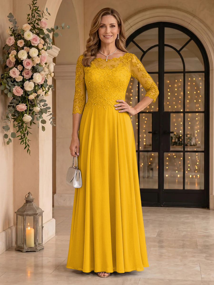 Jewel 3/4 Sleeves Chiffon A Line Floor Length Mother of the Bride/Groom Dresses