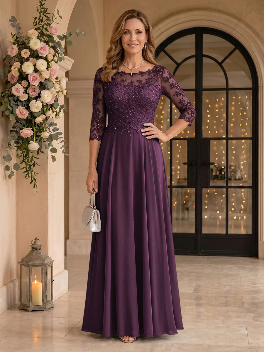 Jewel 3/4 Sleeves Chiffon A Line Floor Length Mother of the Bride/Groom Dresses