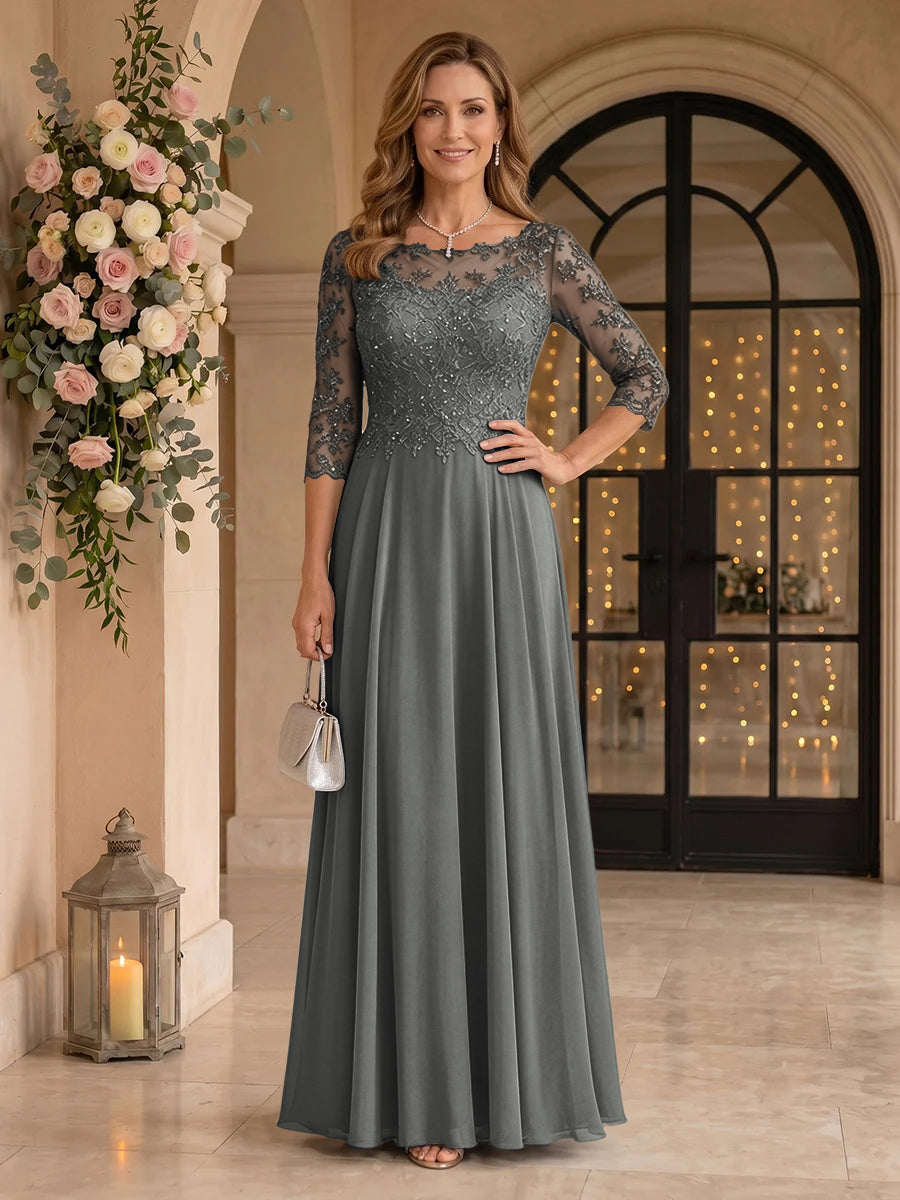 Jewel 3/4 Sleeves Chiffon A Line Floor Length Mother of the Bride/Groom Dresses