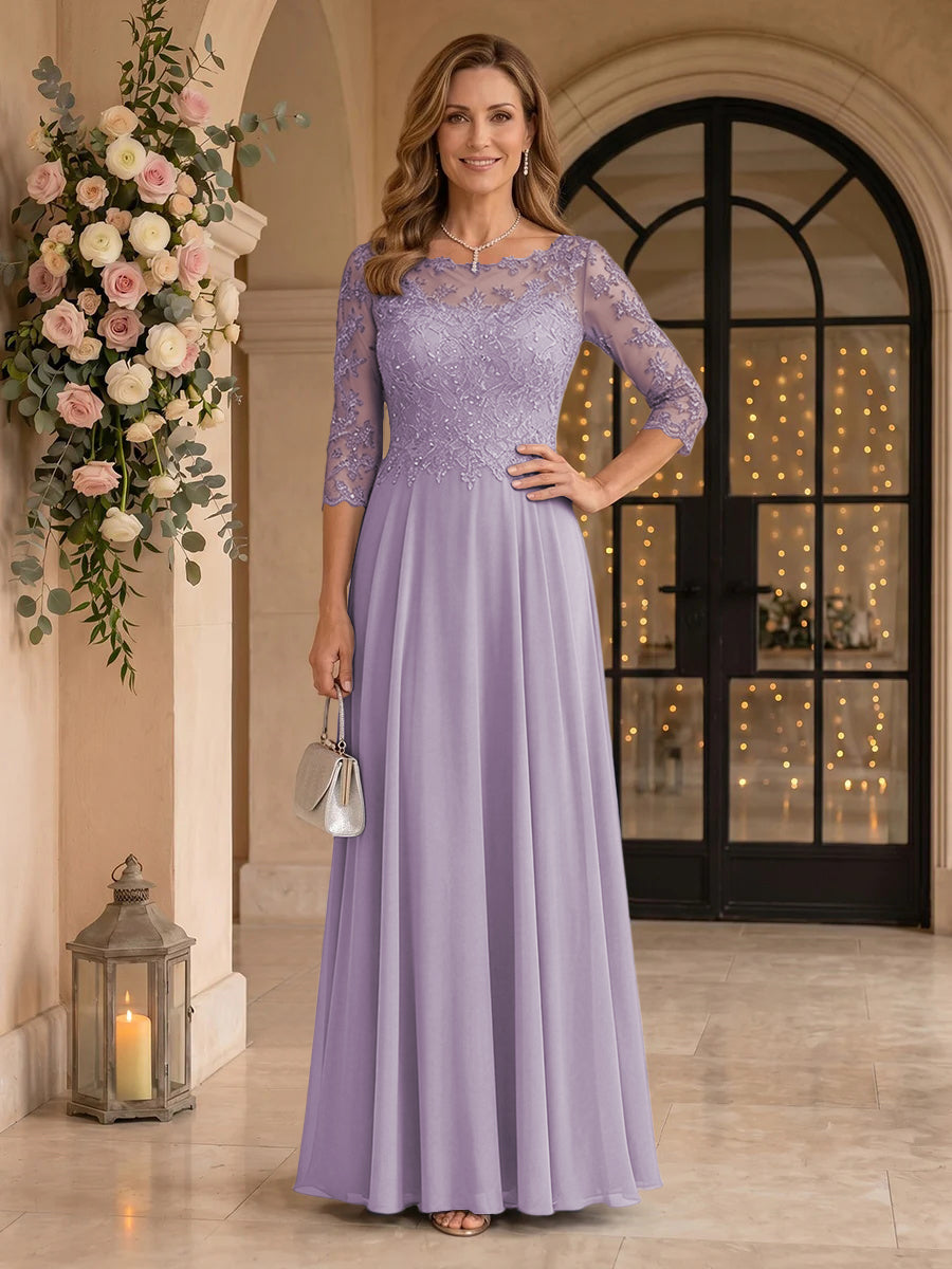 Jewel 3/4 Sleeves Chiffon A Line Floor Length Mother of the Bride/Groom Dresses