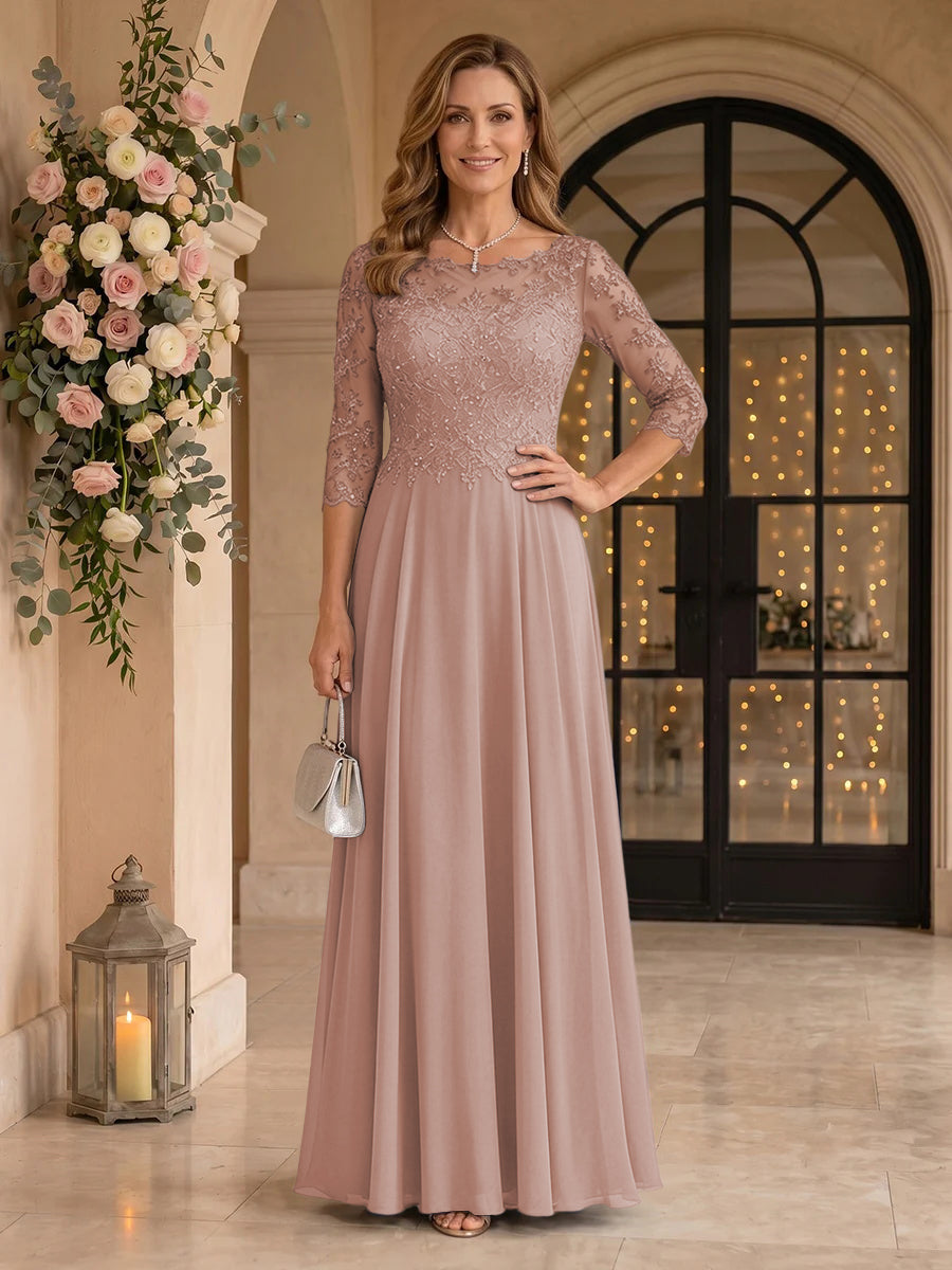 Jewel 3/4 Sleeves Chiffon A Line Floor Length Mother of the Bride/Groom Dresses