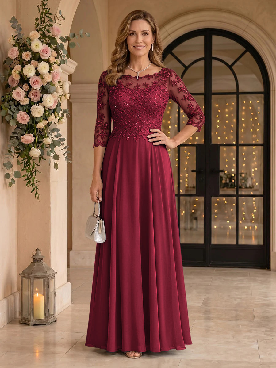 Jewel 3/4 Sleeves Chiffon A Line Floor Length Mother of the Bride/Groom Dresses