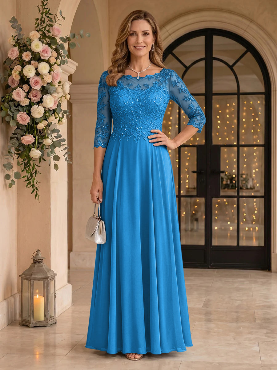 Jewel 3/4 Sleeves Chiffon A Line Floor Length Mother of the Bride/Groom Dresses