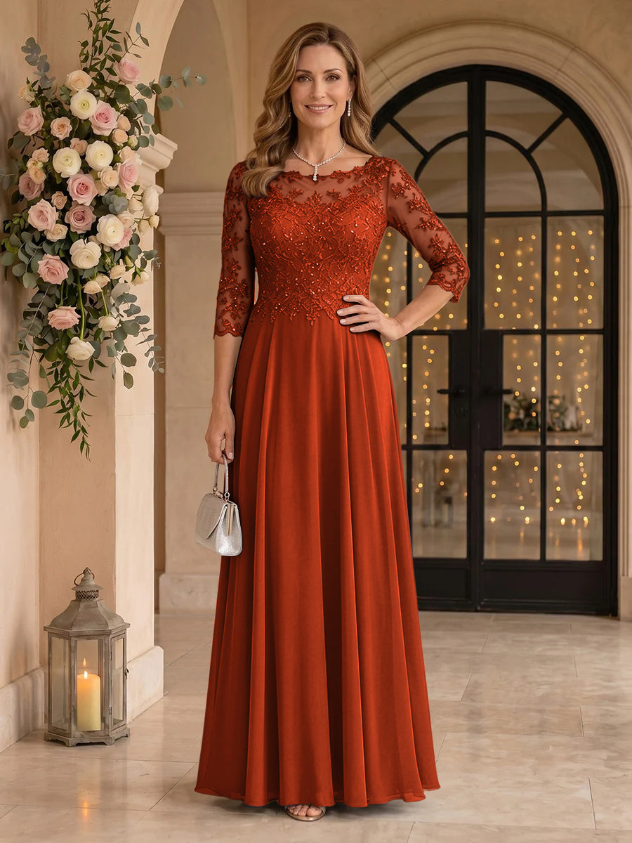 Jewel 3/4 Sleeves Chiffon A Line Floor Length Mother of the Bride/Groom Dresses