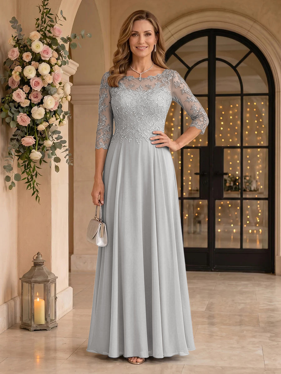Jewel 3/4 Sleeves Chiffon A Line Floor Length Mother of the Bride/Groom Dresses