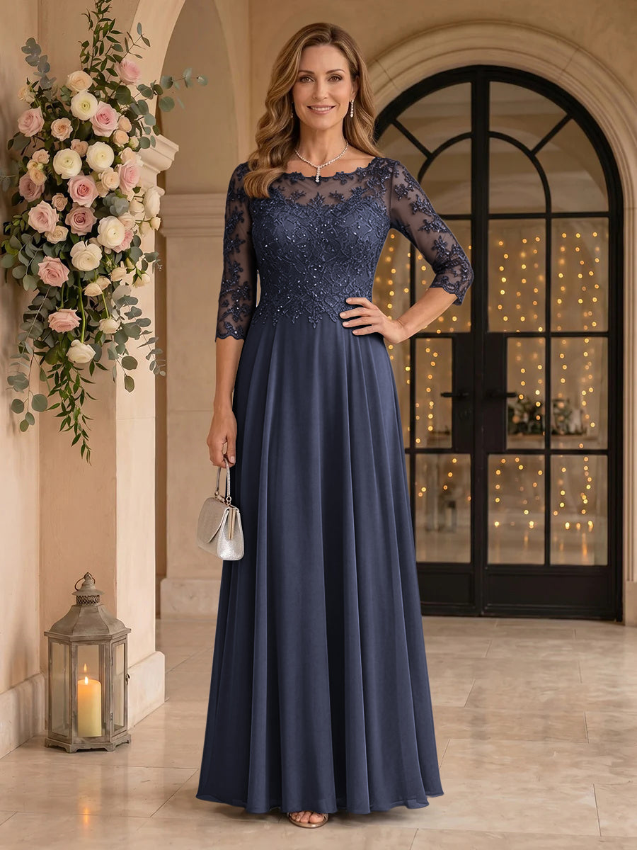 Jewel 3/4 Sleeves Chiffon A Line Floor Length Mother of the Bride/Groom Dresses