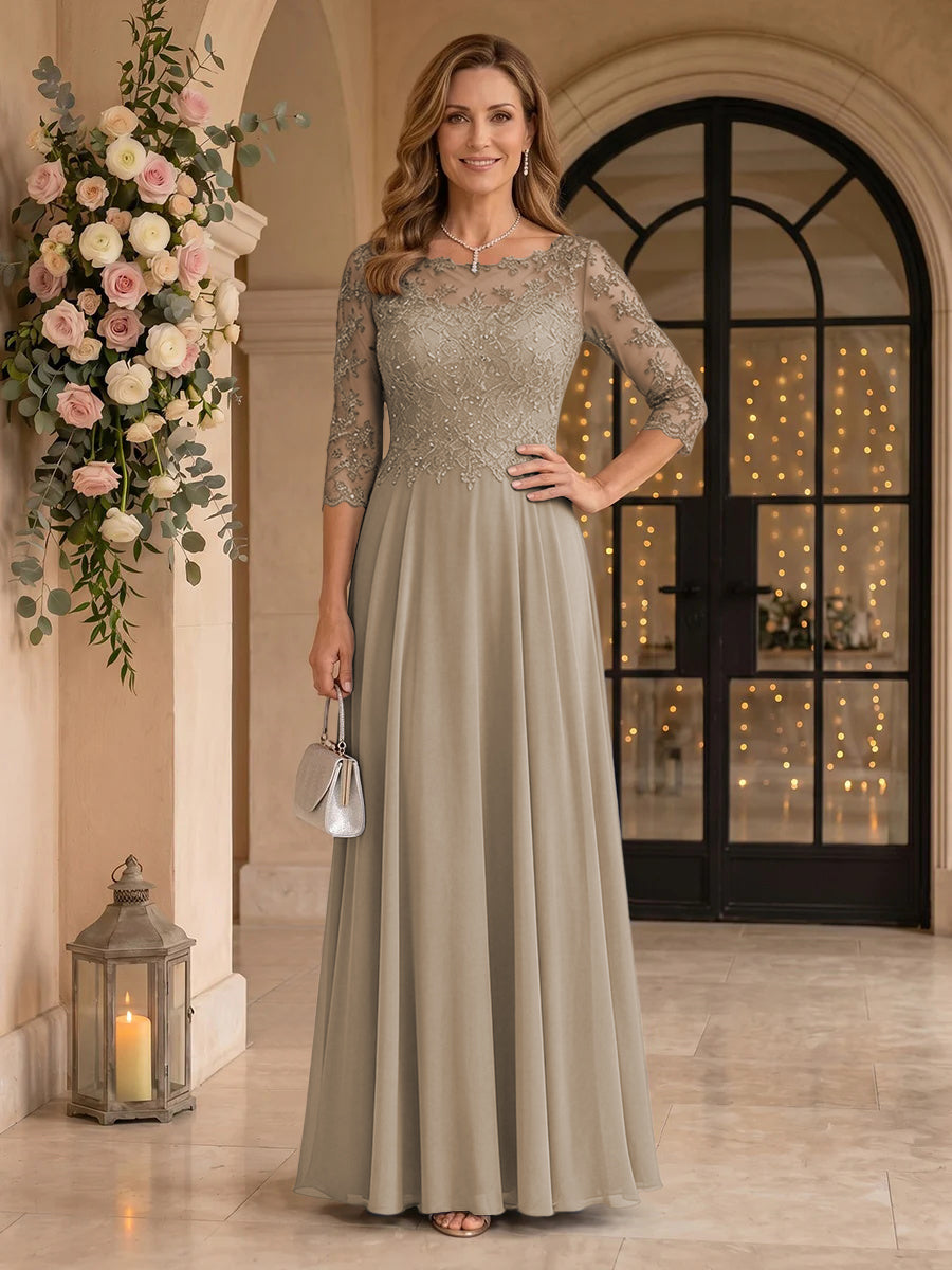 Jewel 3/4 Sleeves Chiffon A Line Floor Length Mother of the Bride/Groom Dresses