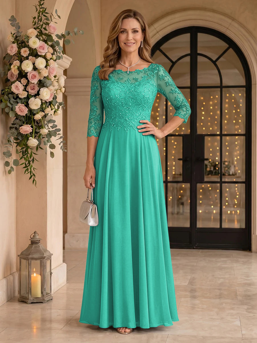 Jewel 3/4 Sleeves Chiffon A Line Floor Length Mother of the Bride/Groom Dresses