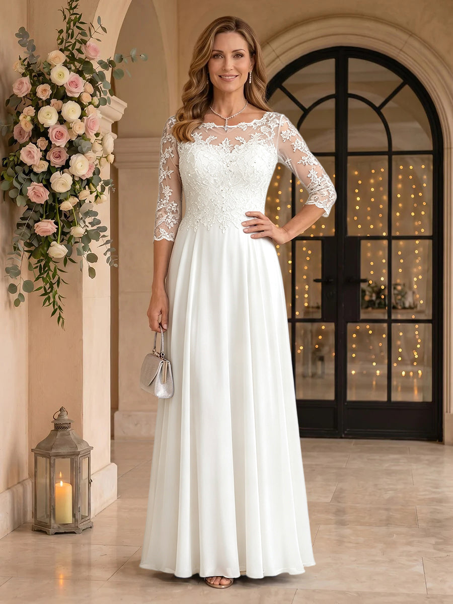 Jewel 3/4 Sleeves Chiffon A Line Floor Length Mother of the Bride/Groom Dresses