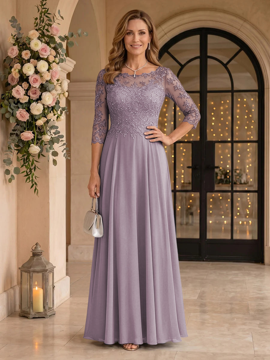 Jewel 3/4 Sleeves Chiffon A Line Floor Length Mother of the Bride/Groom Dresses