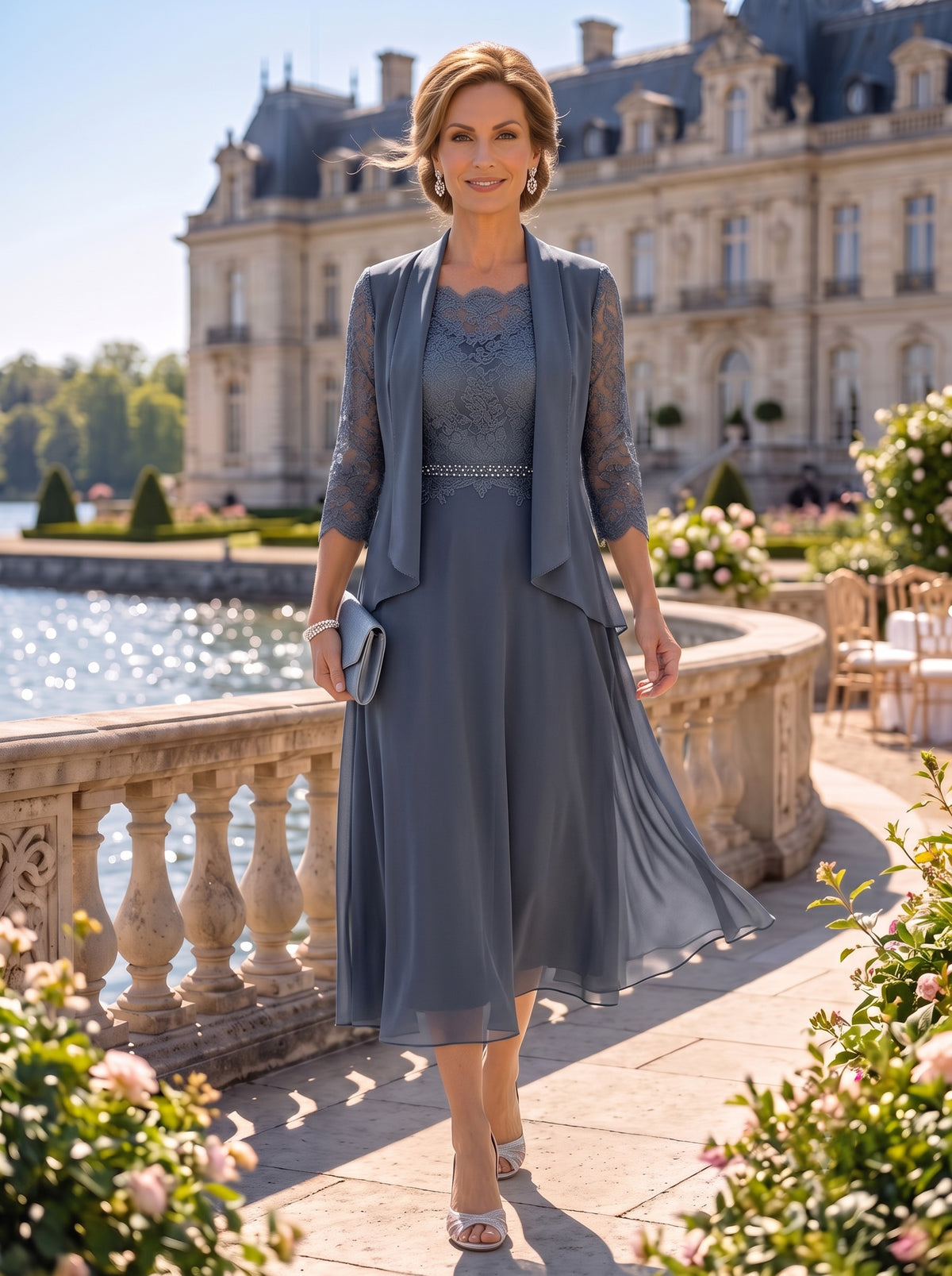 2 Pieces Jewel A Line Chiffon Lace Mother of the Bride Dresses with Jacket
