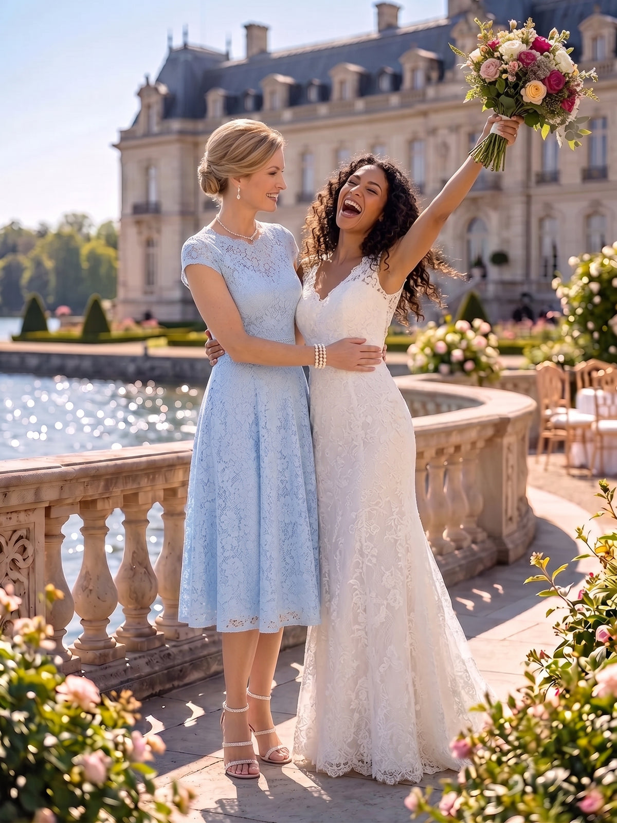 Jewel Lace A Line Mother of the Bride/Groom Dresses Tea Length Light Blue