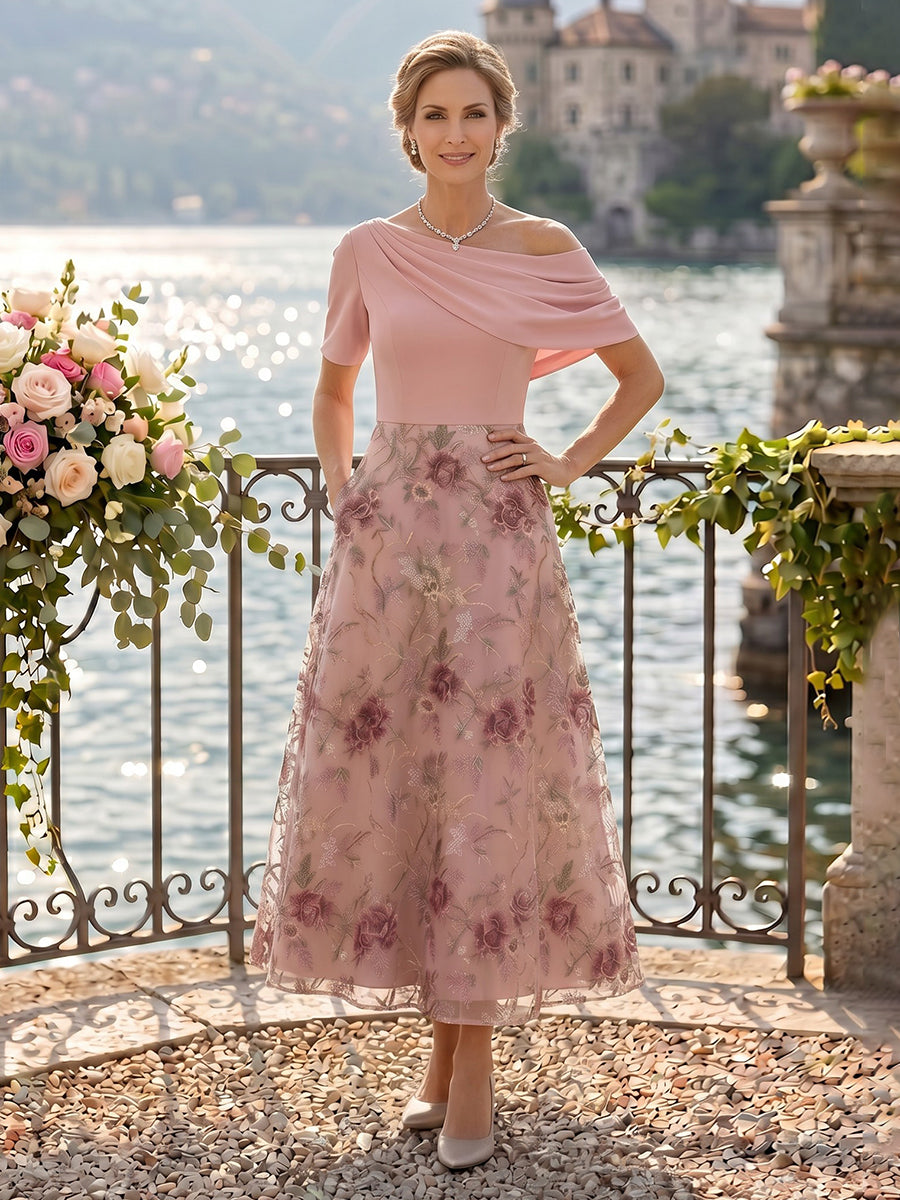 One Shoulder A Line Jacquard Mother of the Bride Dresses Tea Length