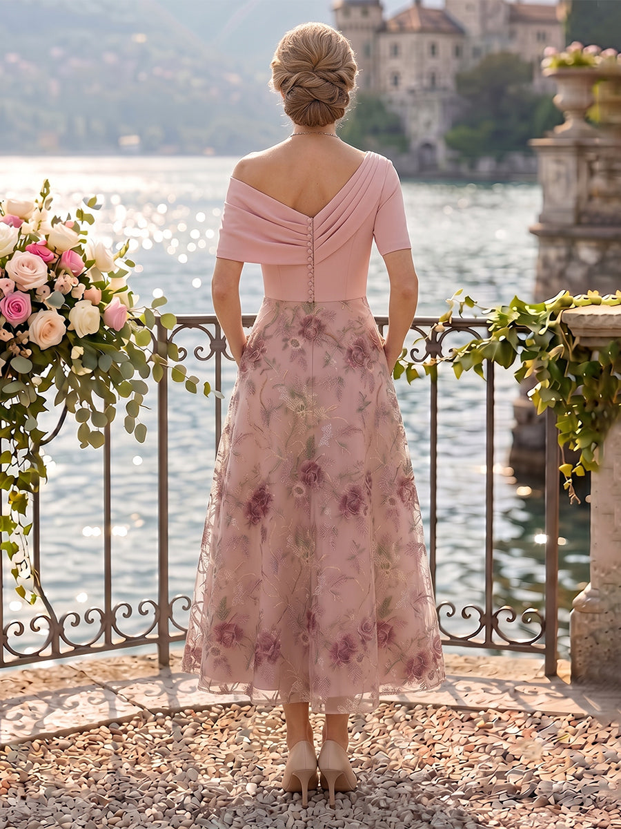 One Shoulder A Line Jacquard Mother of the Bride Dresses Tea Length