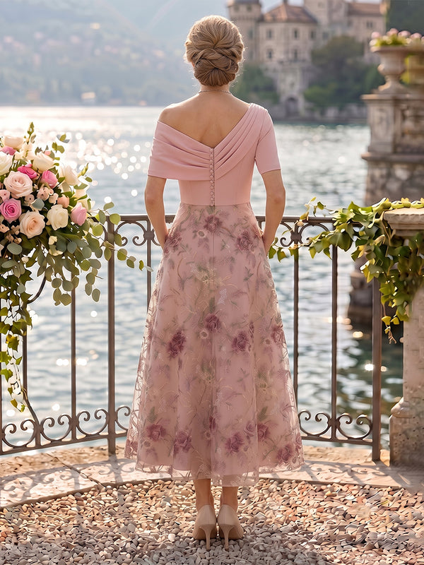 One Shoulder A Line Jacquard Mother of the Bride Dresses Tea Length