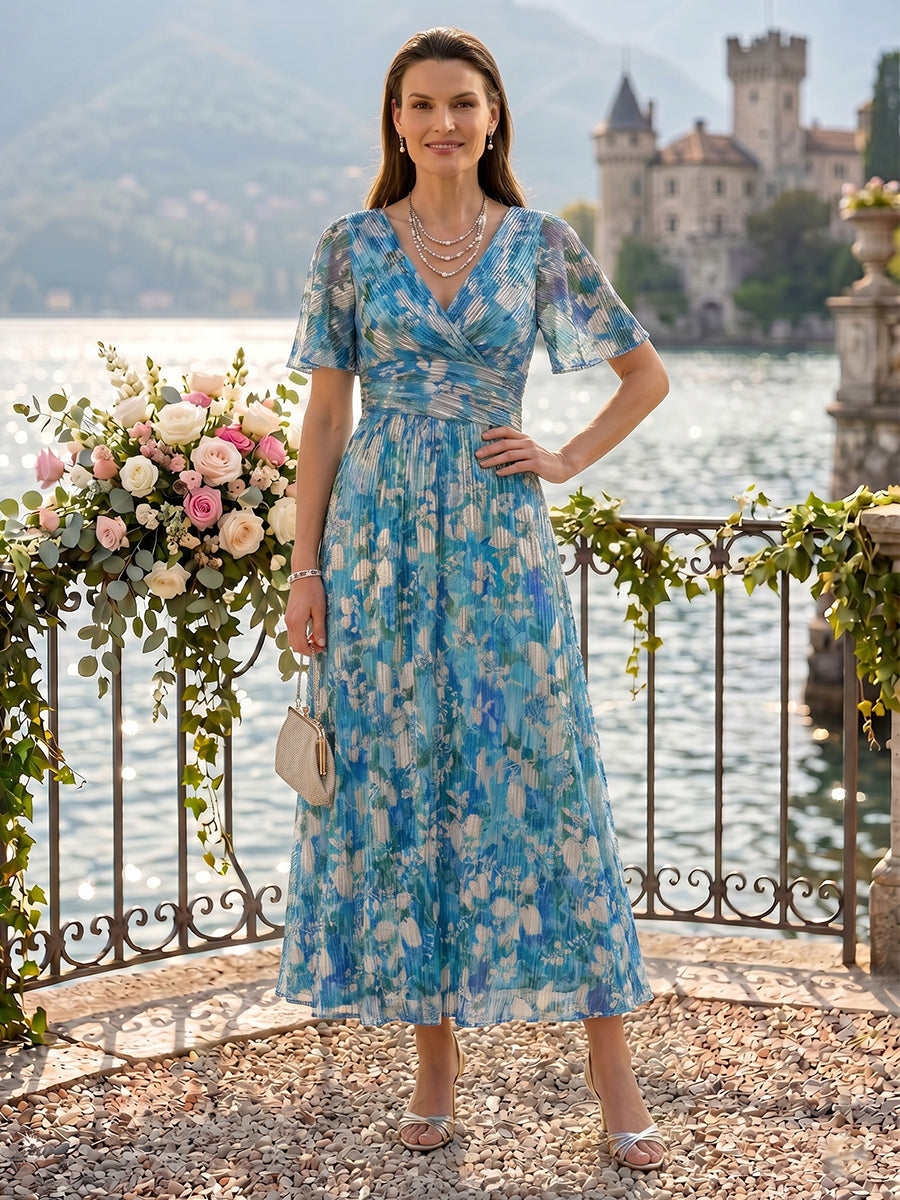 V Neck A Line Jacquard Mother of the Bride Dresses Tea Length