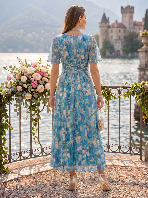 V Neck A Line Jacquard Mother of the Bride Dresses Tea Length