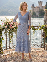 V Neck Tulle Sheath Mother of the Bride/Groom Dresses Tea Length
