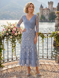 V Neck Tulle Sheath Mother of the Bride/Groom Dresses Tea Length