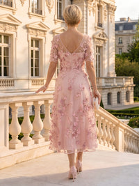 V Neck Tulle Short Sleeves Mother of the Bride/Groom Dresses Tea Length