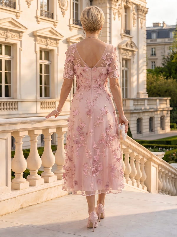 V Neck Tulle Short Sleeves Mother of the Bride/Groom Dresses Tea Length