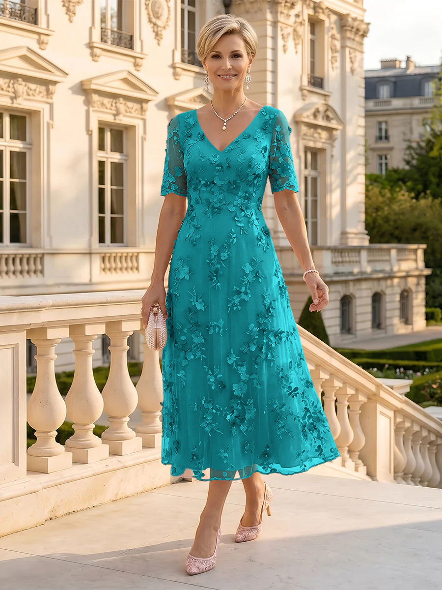 V Neck Tulle Short Sleeves Mother of the Bride/Groom Dresses Tea Length