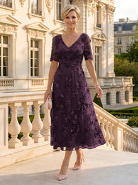 V Neck Tulle Short Sleeves Mother of the Bride/Groom Dresses Tea Length