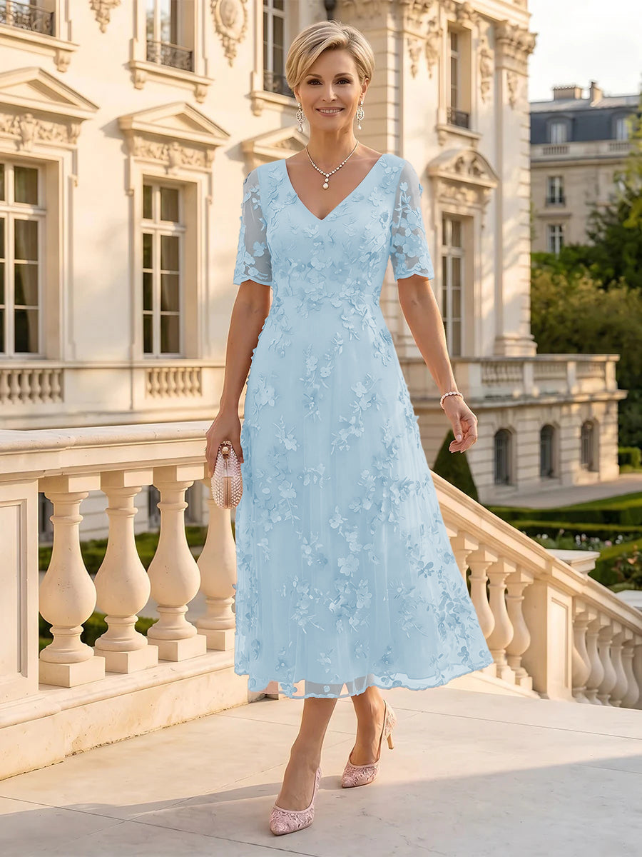 V Neck Tulle Short Sleeves Mother of the Bride/Groom Dresses Tea Length