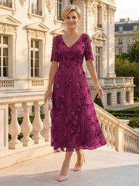 V Neck Tulle Short Sleeves Mother of the Bride/Groom Dresses Tea Length