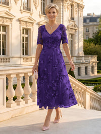 V Neck Tulle Short Sleeves Mother of the Bride/Groom Dresses Tea Length