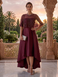 Jewel Satin High Low Lace Appliques Mother of the Bride/Groom Dresses with Cape