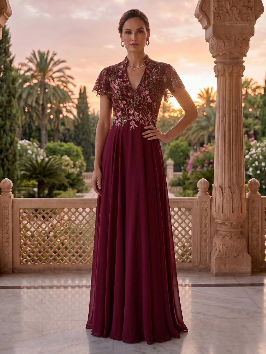 V Neck A Line Lace Appliques Floor Length Mother of the Bride/Groom Dresses