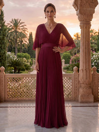 V Neck A Line Pleated Floor Length Mother of the Bride/Groom Dresses