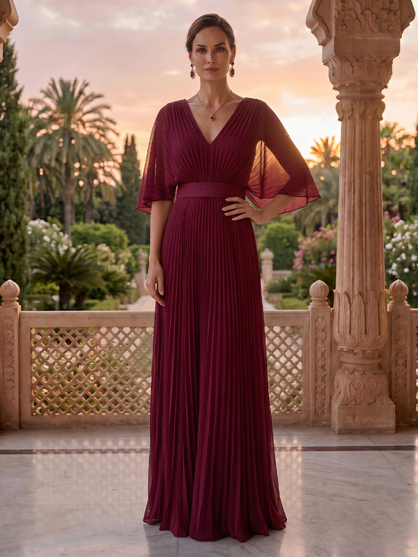V Neck A Line Pleated Floor Length Mother of the Bride/Groom Dresses