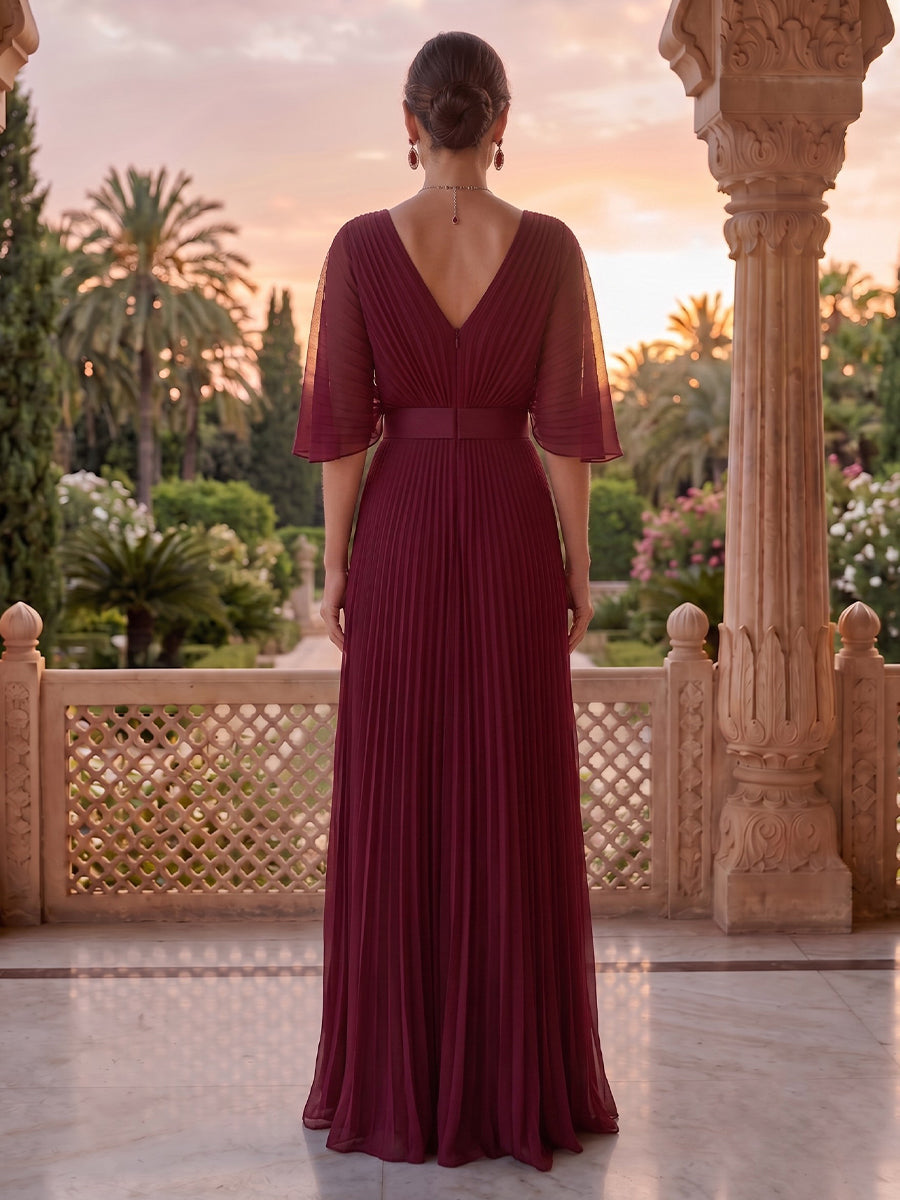 V Neck A Line Pleated Floor Length Mother of the Bride/Groom Dresses