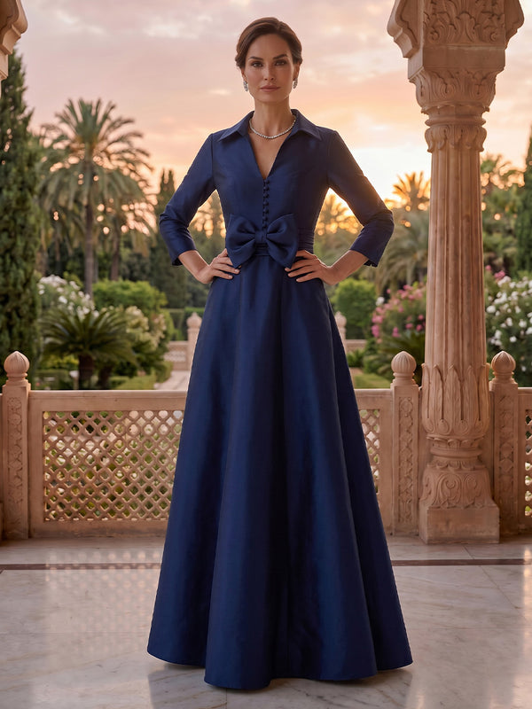 V Neck A Line Satin Floor Length Mother of the Bride/Groom Dresses