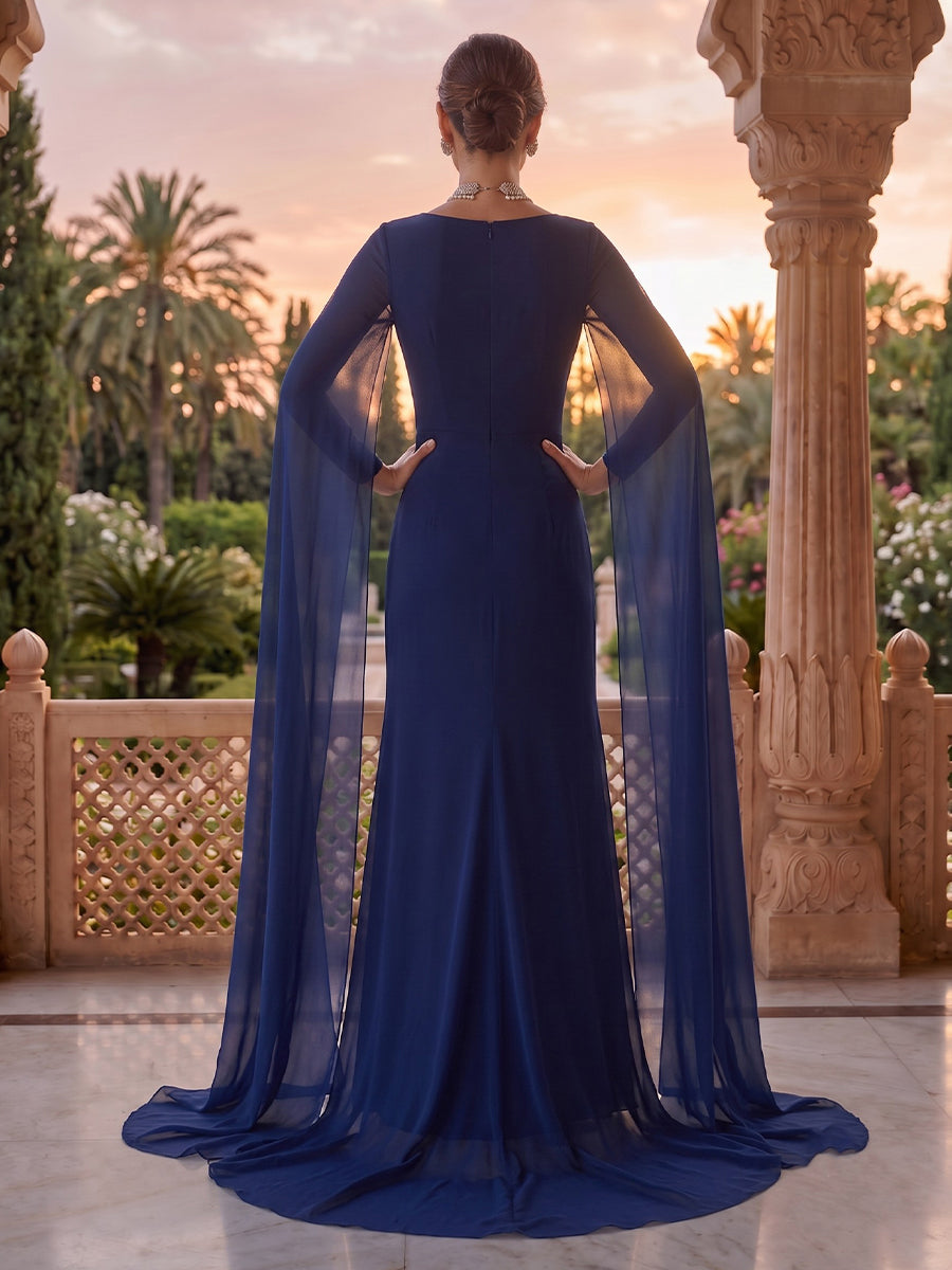 Jewel A Line Long Sleeves Satin Floor Length Mother of the Bride/Groom Dresses